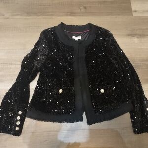 NWT $138 Nanette Lepore Black All Over Sequin Cardigan Jacket Blazer L